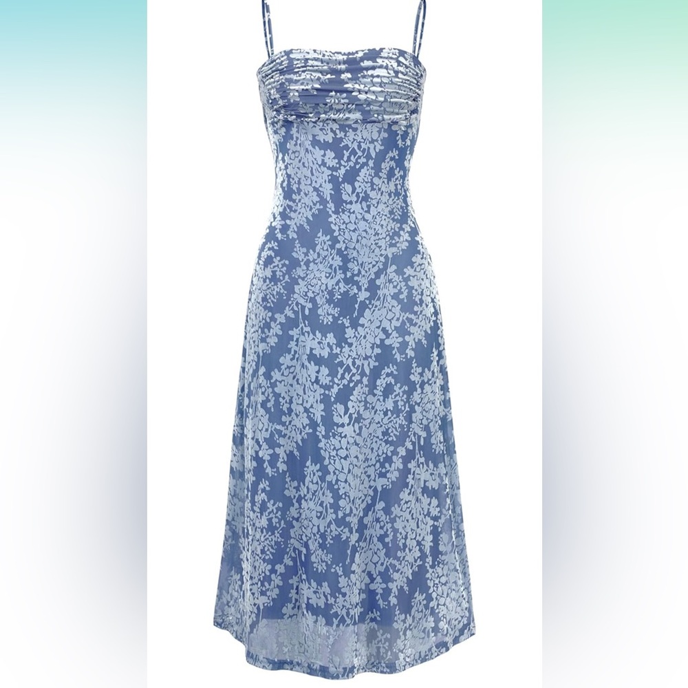 Floral Blue and White wedding guest formal velvet print Dress NWT